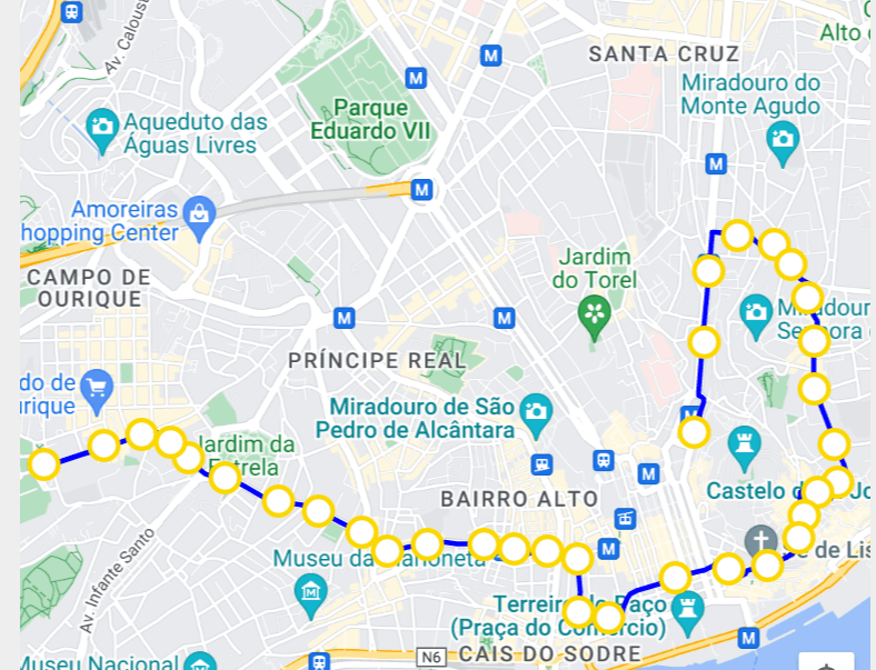 Fahrtverlauf Tramlinie 28E Lissabon